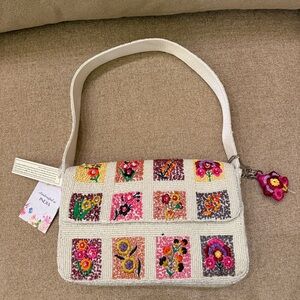 NWT Made in India Floral Flower Checkered Square Tile Embroidered Beaded Bag
